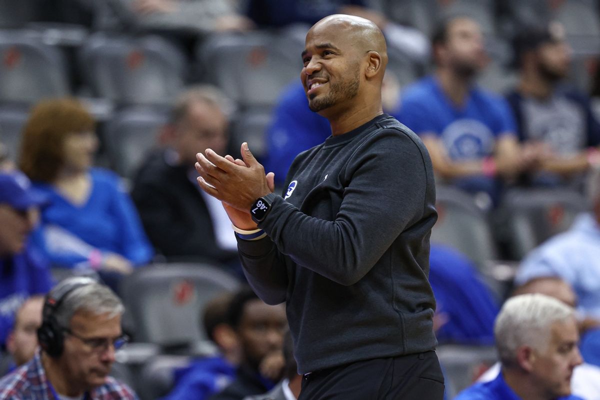 Nov 4, 2024; Newark, New Jersey, USA; Seton Hall Pirates head coach Shaheen Holloway reacts during the first half against the St. Peter's Peacocks at Prudential Center. Mandatory Credit: Vincent Carchietta-Imagn Images