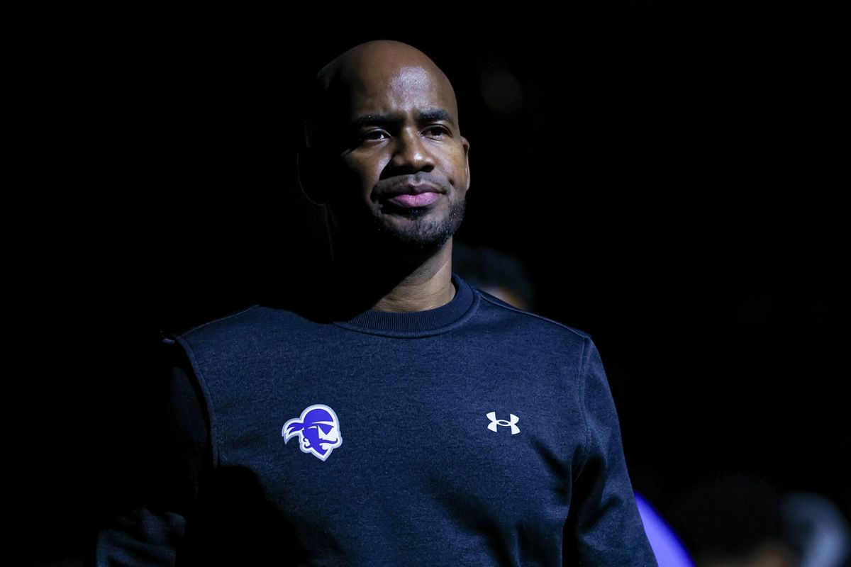 Nov 4, 2024; Newark, New Jersey, USA; Seton Hall Pirates head coach Shaheen Holloway looks on before the game against the St. Peter's Peacocks at Prudential Center. Mandatory Credit: Vincent Carchietta-Imagn Images