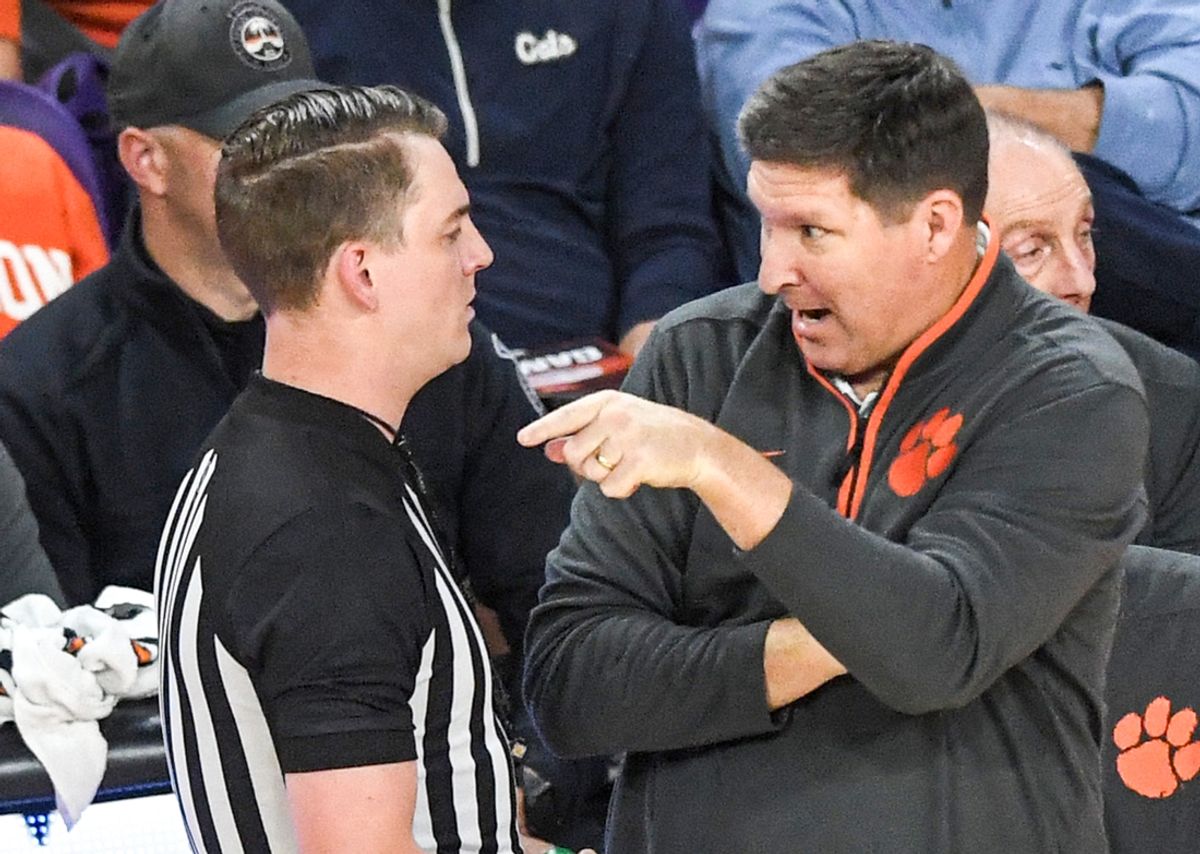 Nov 4, 2024; Clemson, SC, USA; Clemson Head Coach Brad Brownell talks to a referee about a call playing Charleston Southern University during the first half at Littlejohn Coliseum in Clemson, S.C Monday, November 4, 2024.       Mandatory Credit: Ken Ruinard/USA TODAY Network via Imagn Images