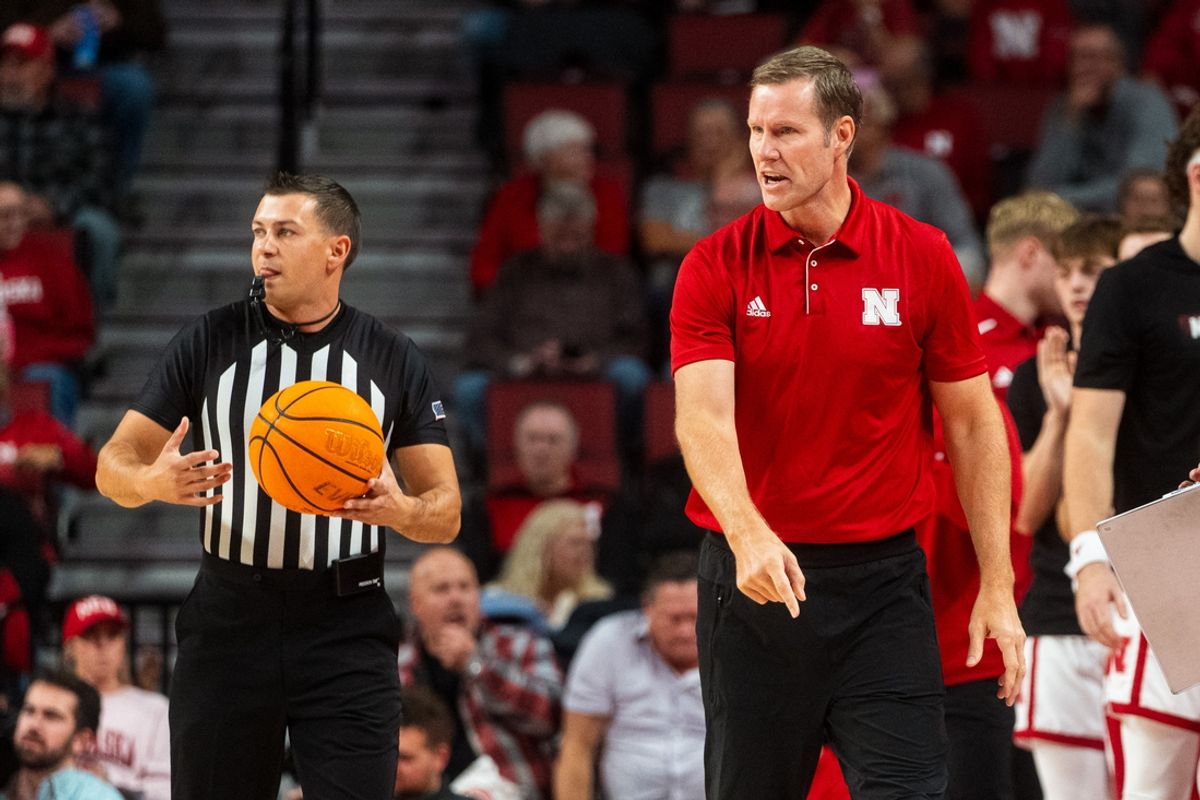 Nov 4, 2024; Lincoln, Nebraska, USA; Nebraska Cornhuskers head coach Fred Hoiberg talks to players during the first half against the UT Rio Grande Valley Vaqueros at Pinnacle Bank Arena. Mandatory Credit: Dylan Widger-Imagn Images
