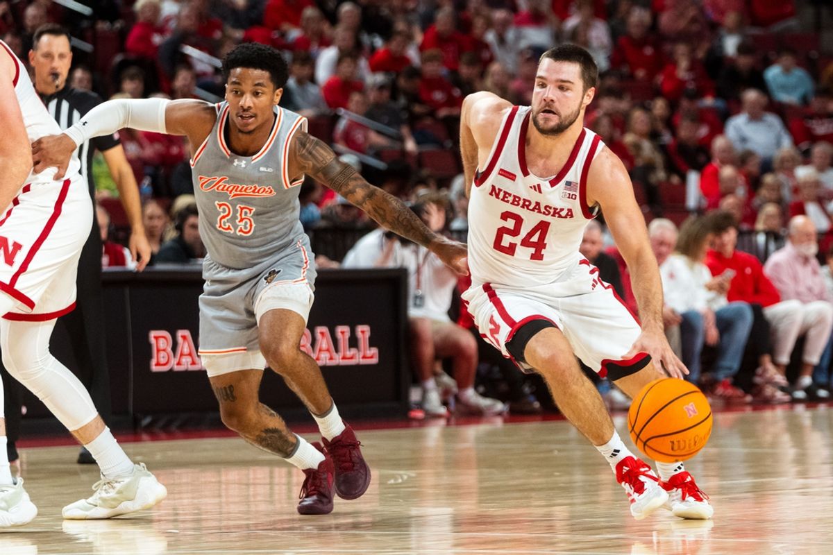 Nov 4, 2024; Lincoln, Nebraska, USA; Nebraska Cornhuskers guard Rollie Worster (24) drives against UT Rio Grande Valley Vaqueros guard Trey Miller (25) during the first half at Pinnacle Bank Arena. Mandatory Credit: Dylan Widger-Imagn Images