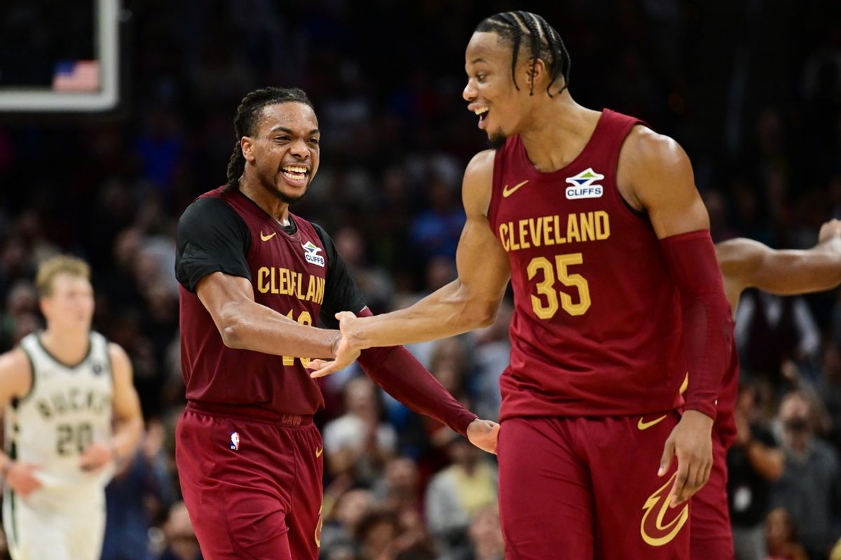 Nov 4, 2024; Cleveland, Ohio, USA; Cleveland Cavaliers guard Darius Garland (10) celebrates with forward Isaac Okoro (35) during the second half against the Milwaukee Bucks at Rocket Mortgage FieldHouse. Mandatory Credit: Ken Blaze-Imagn Images