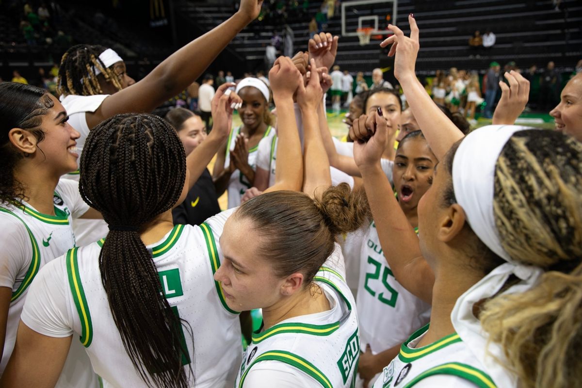 The Oregon women's basketball team celebrates their victory over California Baptist University at Matthew Knight Arena in Eugene Monday, Nov. 4, 2024.
