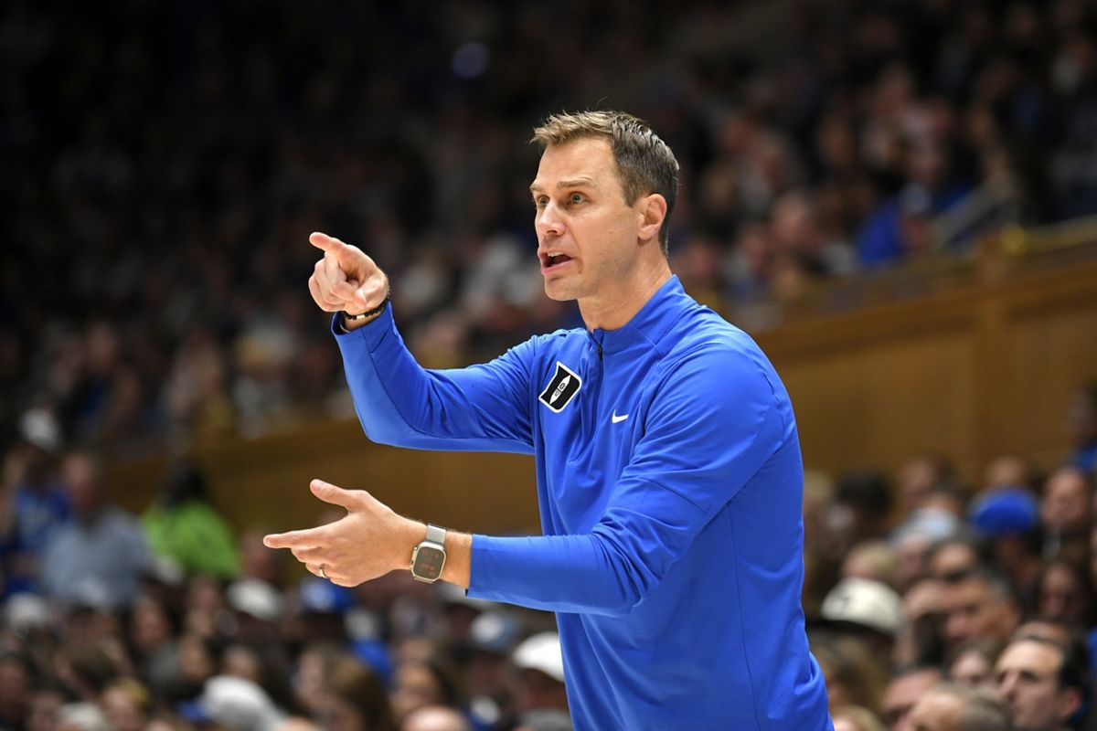 Nov 4, 2024; Durham, North Carolina, USA; Duke Blue Devils head coach Jon Scheyer reacts at Cameron Indoor Stadium during the second half against the Maine Black Bears. Mandatory Credit: Zachary Taft-Imagn Images
