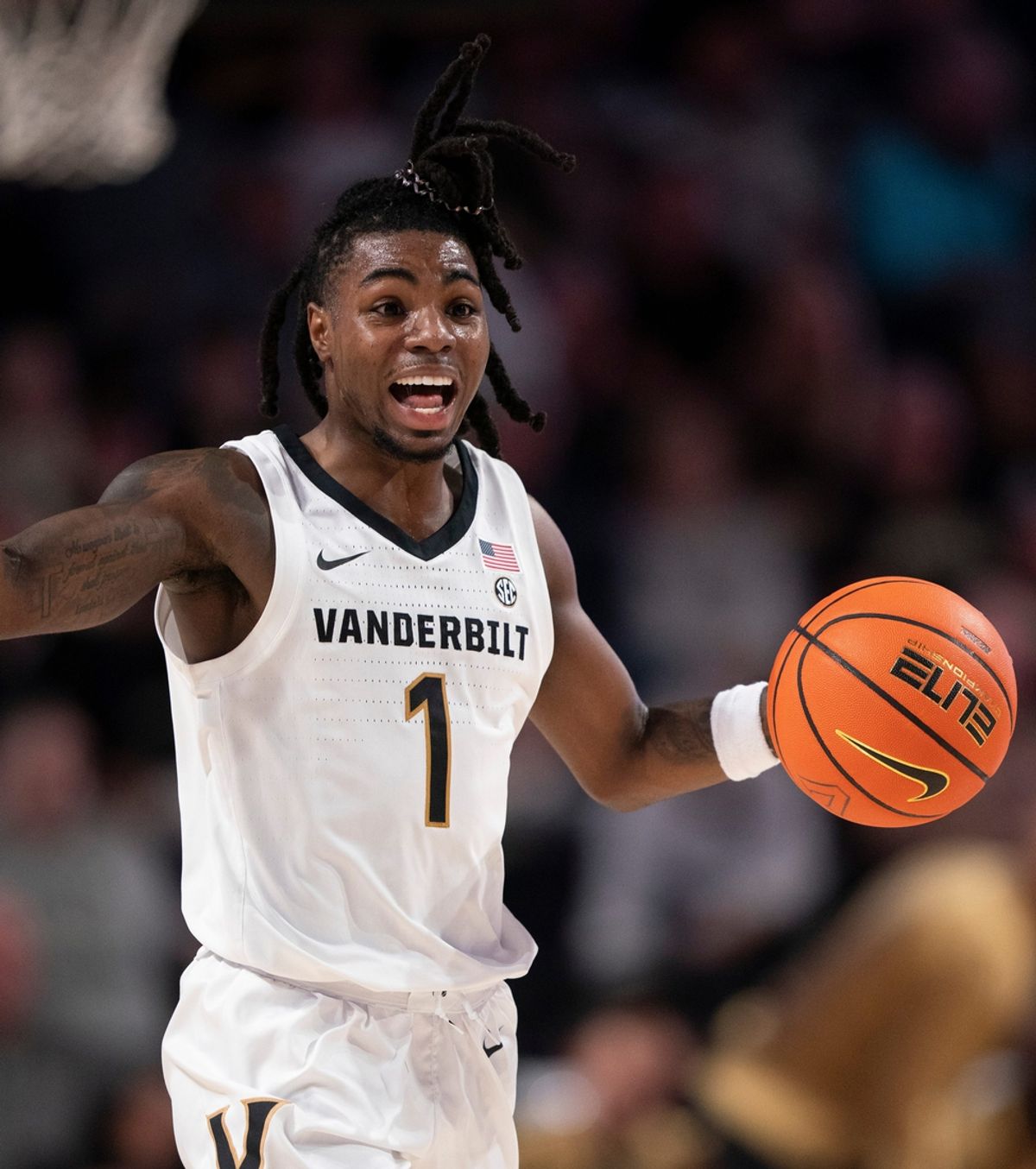 Vanderbilt Commodores guard Jason Edwards (1) mans the point against the Maryland-Eastern Shore Hawks during their game at Memorial Gym in Nashville, Tenn., Monday, Nov. 4, 2024.