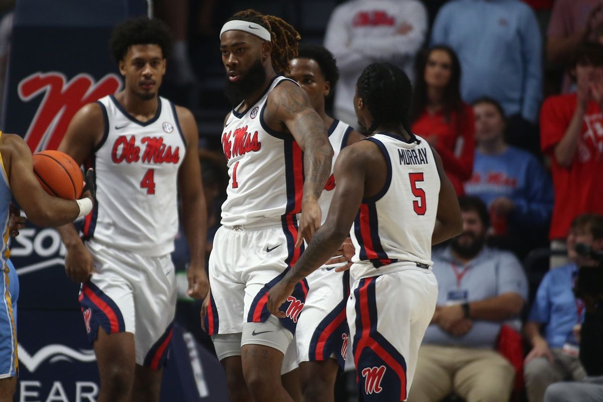 Nov 4, 2024; Oxford, Mississippi, USA; Mississippi Rebels forward Mikeal Brown-Jones (1) reacts with guard Jaylen Murray (5) during the first half against the Long Island Sharks at The Sandy and John Black Pavilion at Ole Miss. Mandatory Credit: Petre Thomas-Imagn Images