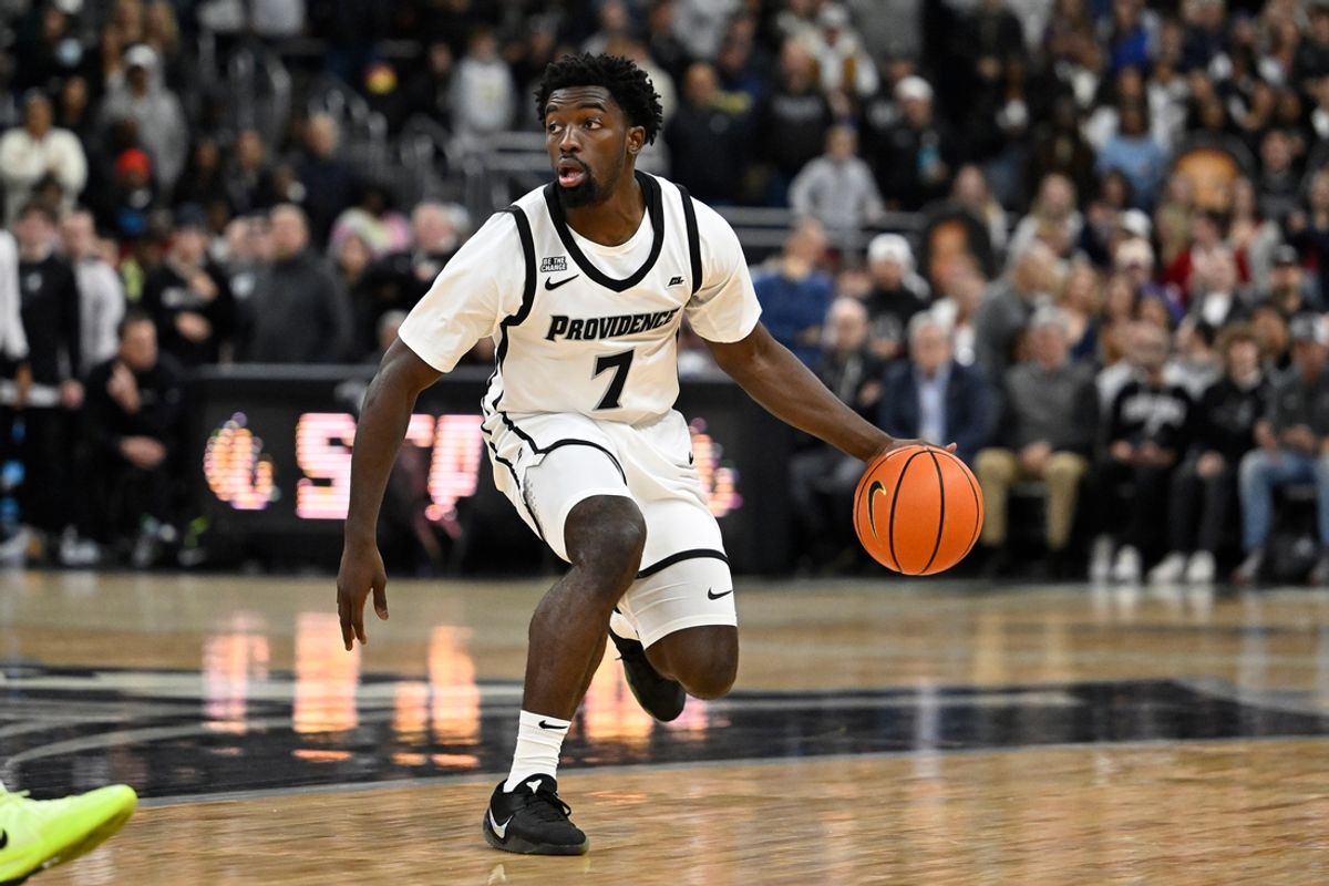 Nov 4, 2024; Providence, Rhode Island, USA; Providence Friars guard Bensley Joseph (7) drives to the basket during the first half against the Central Connecticut State Blue Devils at Amica Mutual Pavilion. Mandatory Credit: Eric Canha-Imagn Images