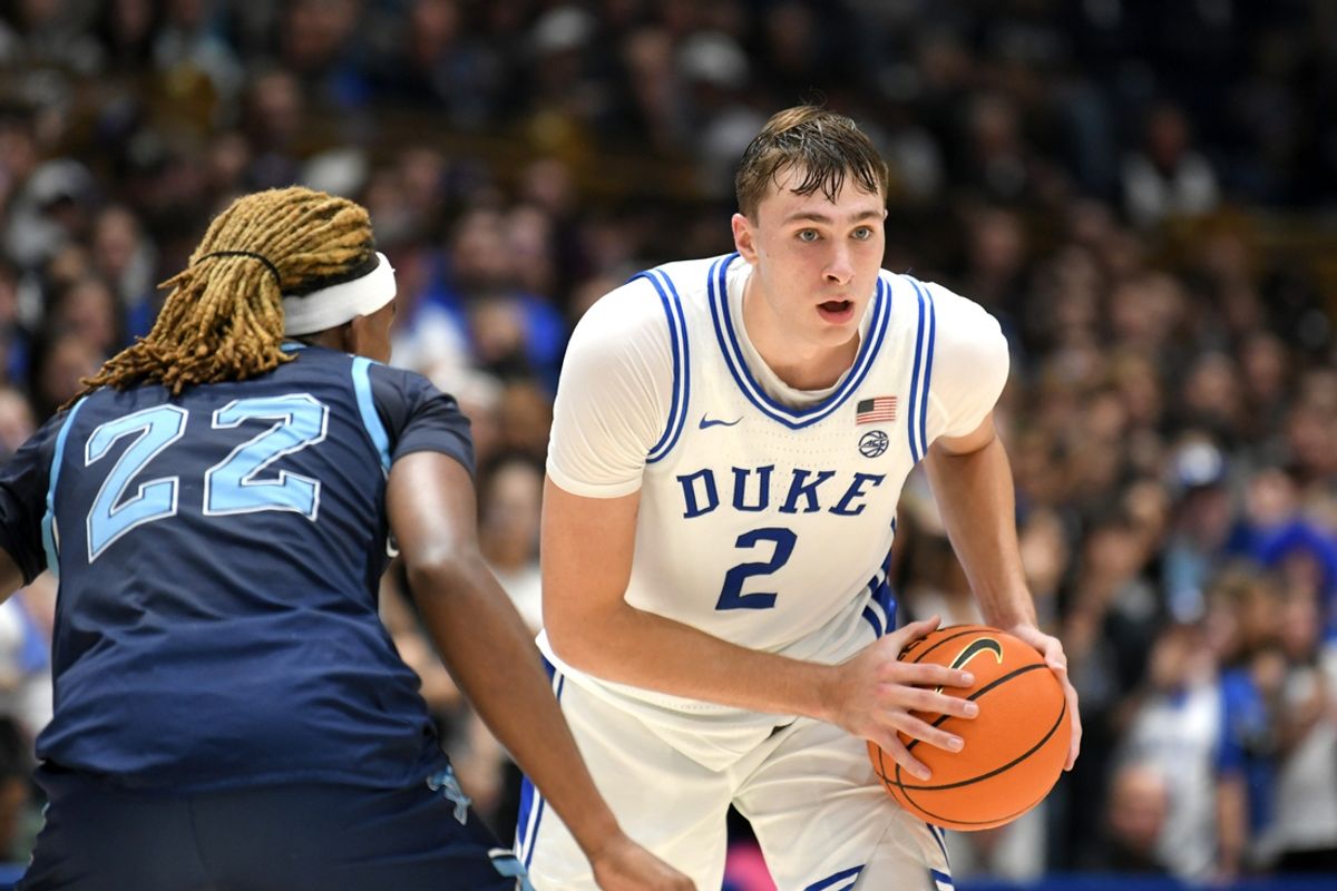 Nov 4, 2024; Durham, North Carolina, USA; Duke Blue Devils guard Cooper Flagg (2) looks for an opening to pass during the second half against the Maine Black Bears at Cameron Indoor Stadium. Mandatory Credit: Zachary Taft-Imagn Images