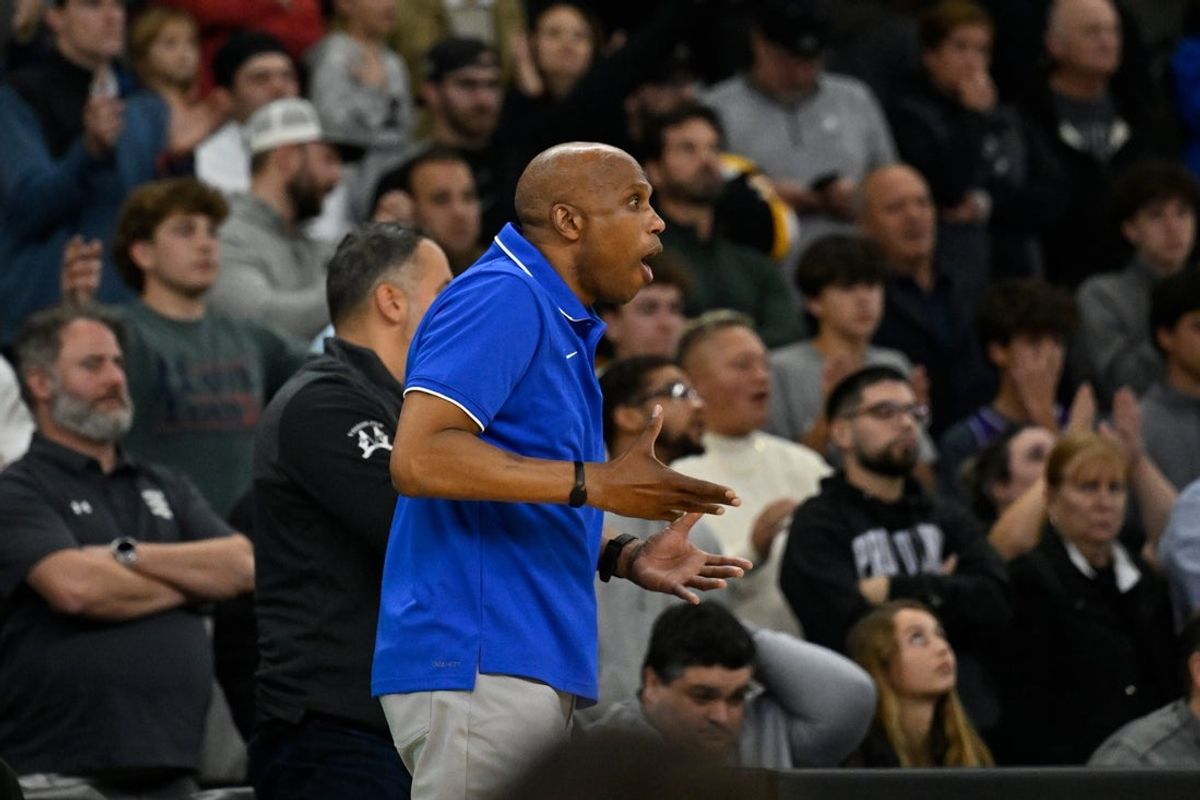 Nov 4, 2024; Providence, Rhode Island, USA; Central Connecticut State Blue Devils head coach Patrick Sellers reacts to the official's call during the second half against the Providence Friars at Amica Mutual Pavilion. Mandatory Credit: Eric Canha-Imagn Images