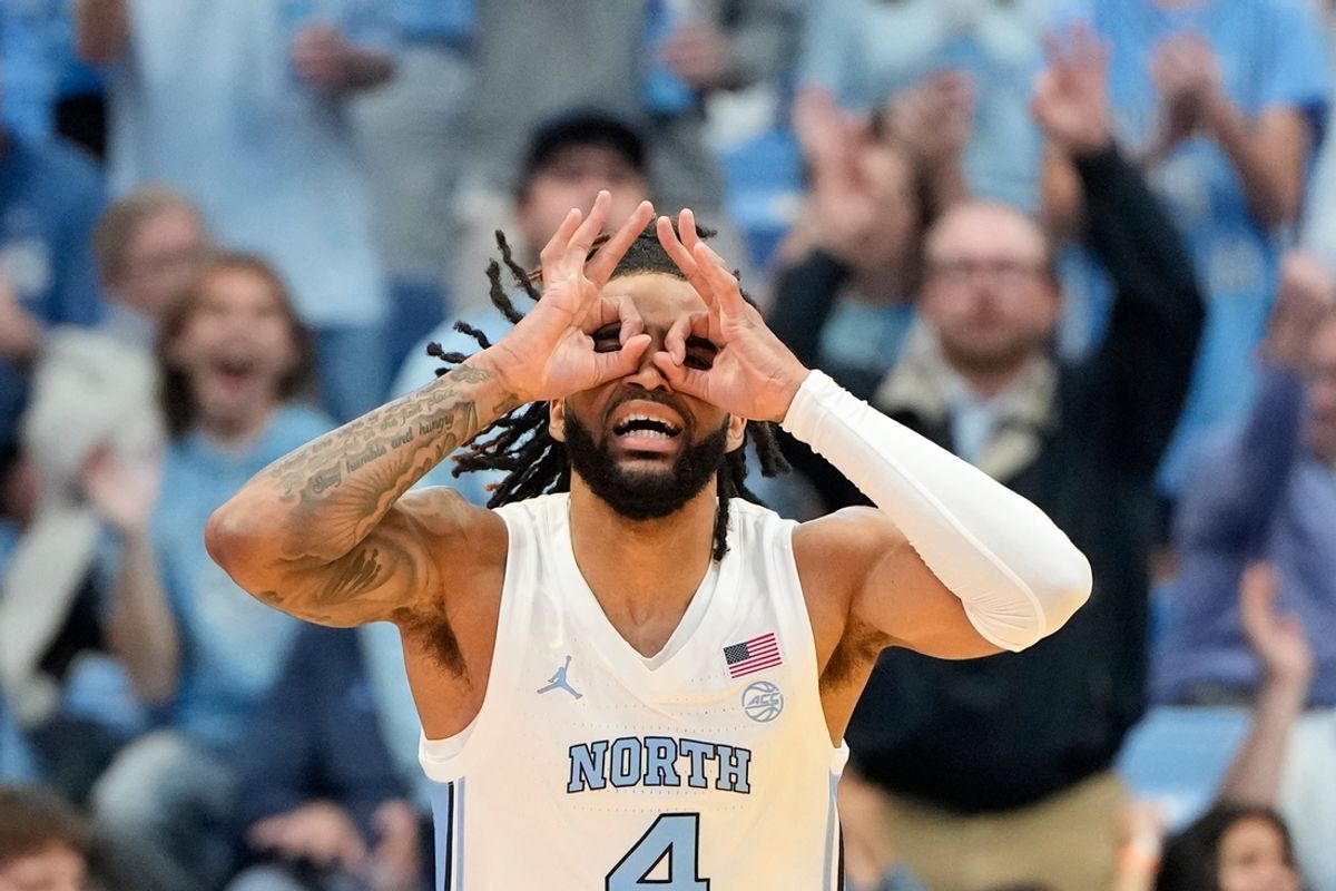 Nov 4, 2024; Chapel Hill, North Carolina, USA;  North Carolina Tar Heels guard RJ Davis (4) reacts after hitting a three point shot in the first half at Dean E. Smith Center. Mandatory Credit: Bob Donnan-Imagn Images