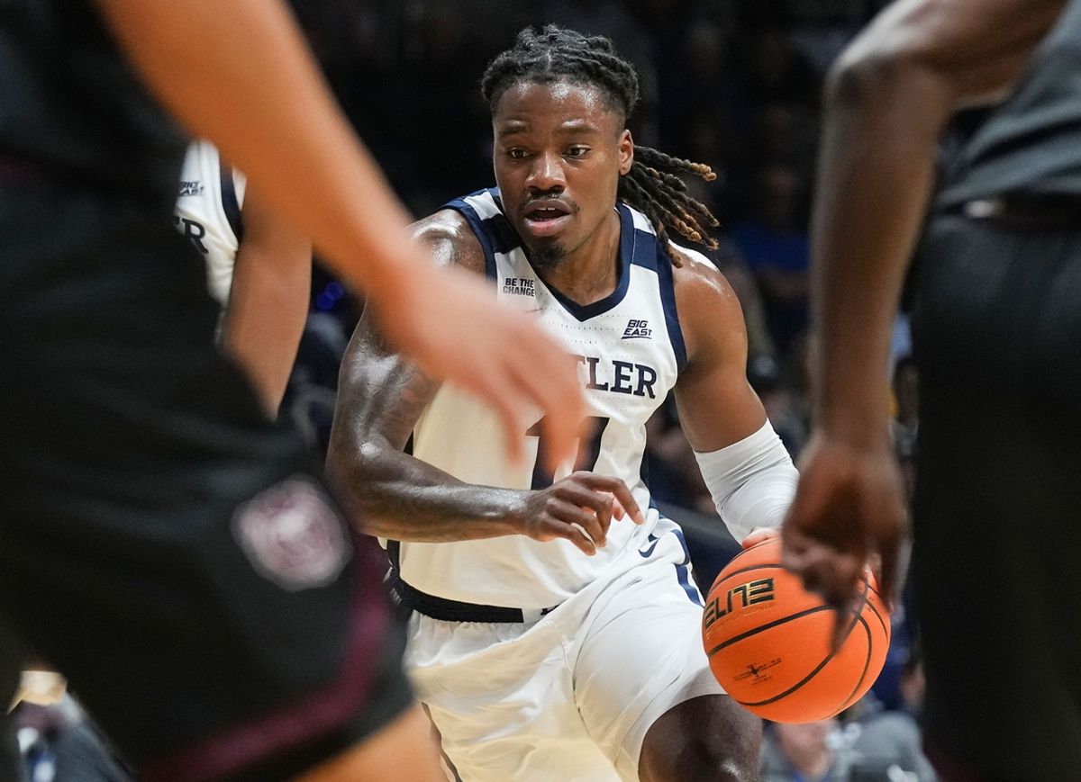 Butler Bulldogs forward Jahmyl Telfort (11) rushes up the court Monday, Nov. 4, 2024, during the game at Hinkle Fieldhouse in Indianapolis. The Butler Bulldogs defeated the Missouri State Bears, 72-65.
