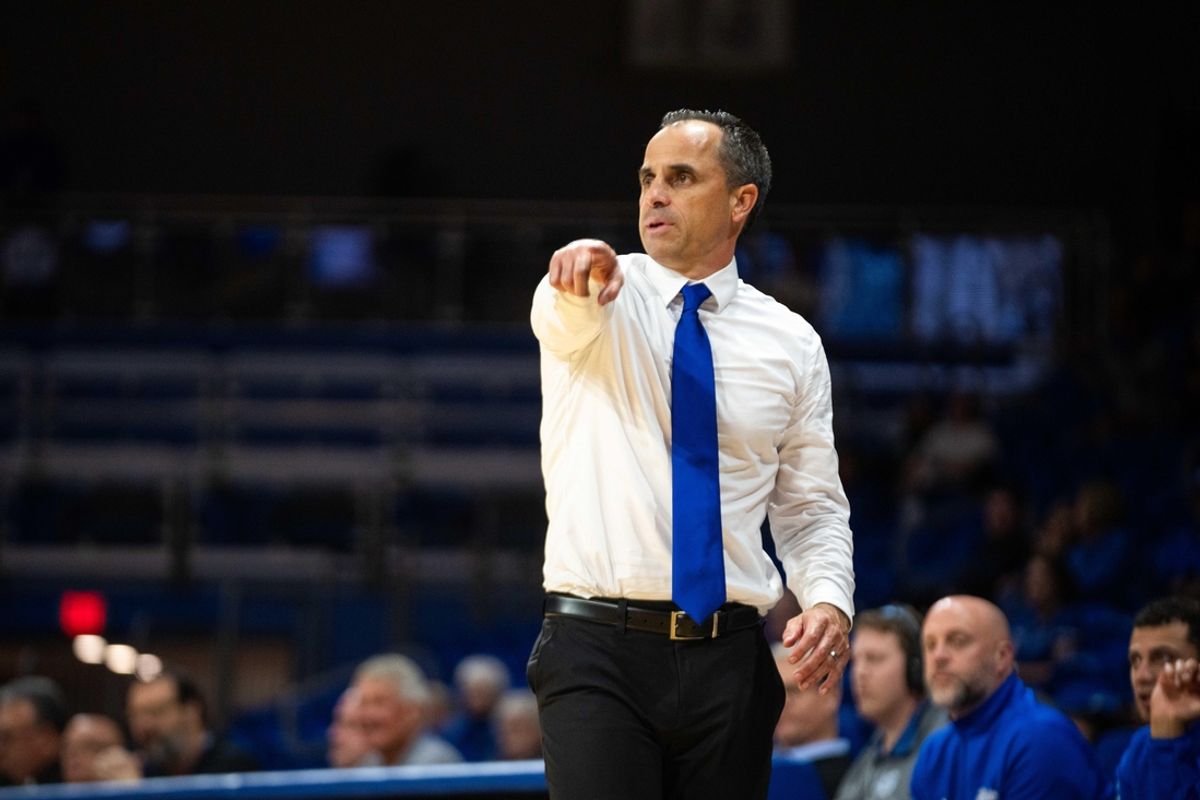 Drake head coach Ben McCollum directs his players on Monday, Nov. 4, 2024, at the Knapp Center.