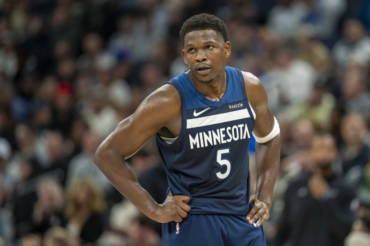 Nov 4, 2024; Minneapolis, Minnesota, USA; Minnesota Timberwolves guard Anthony Edwards (5) looks on against the Charlotte Hornets in the first half at Target Center. Mandatory Credit: Jesse Johnson-Imagn Images