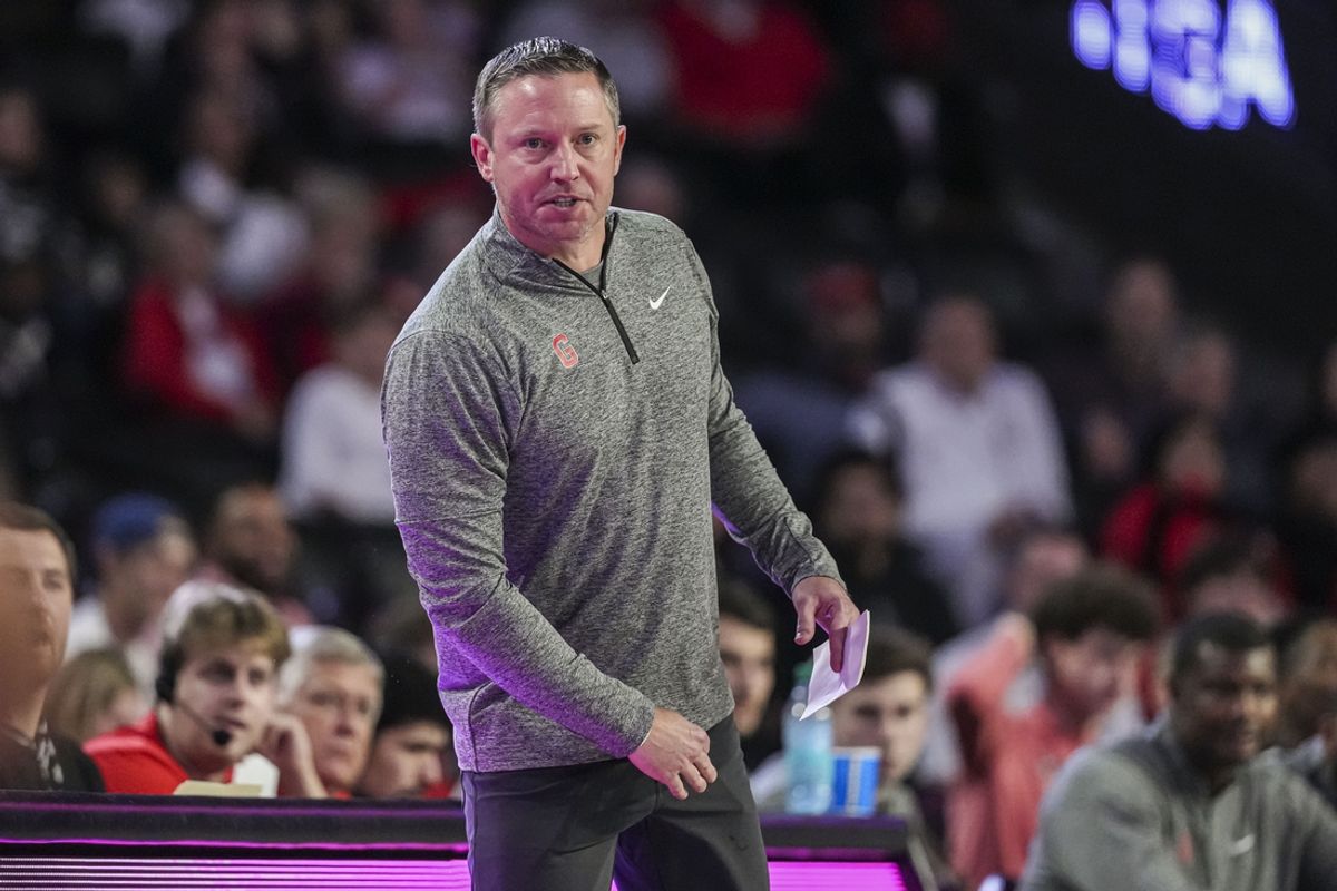 Nov 4, 2024; Athens, Georgia, USA; Georgia Bulldogs head coach Mike White shown working the sidelines during the game against the Tennessee Tech Golden Eagles at Stegeman Coliseum. Mandatory Credit: Dale Zanine-Imagn Images