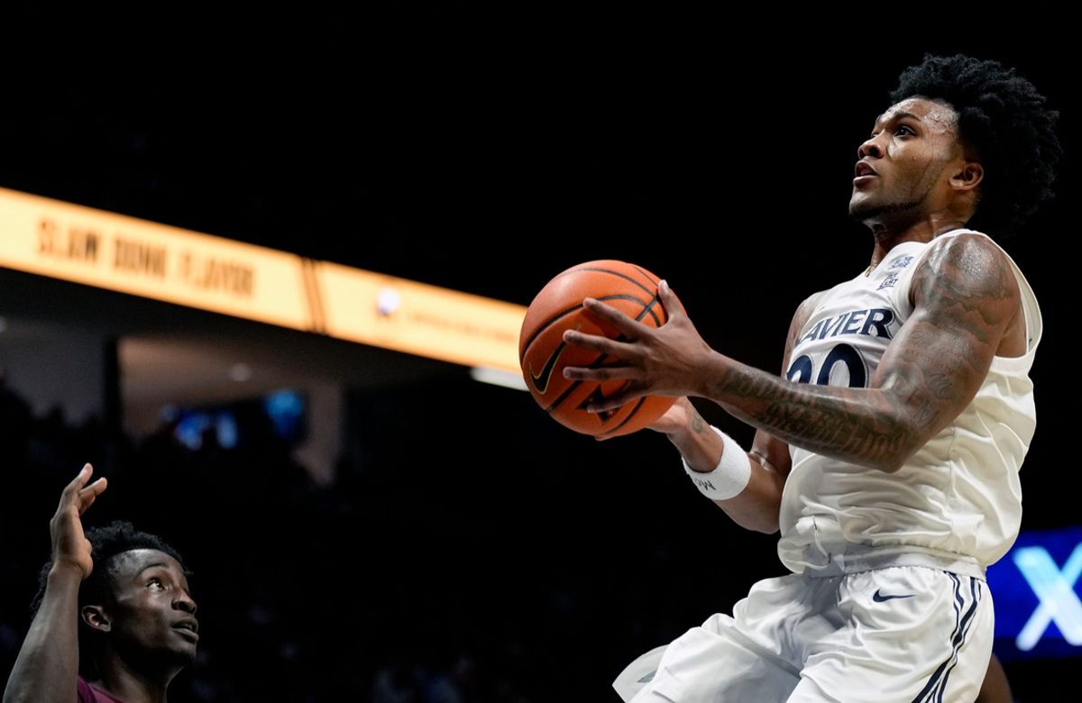 Xavier Musketeers guard Dayvion McKnight (20) goes for lay up in the second half over Texas Southern Tigers Monday, November 4, 2024 at the Cintas Center. Xavier won 78-69.