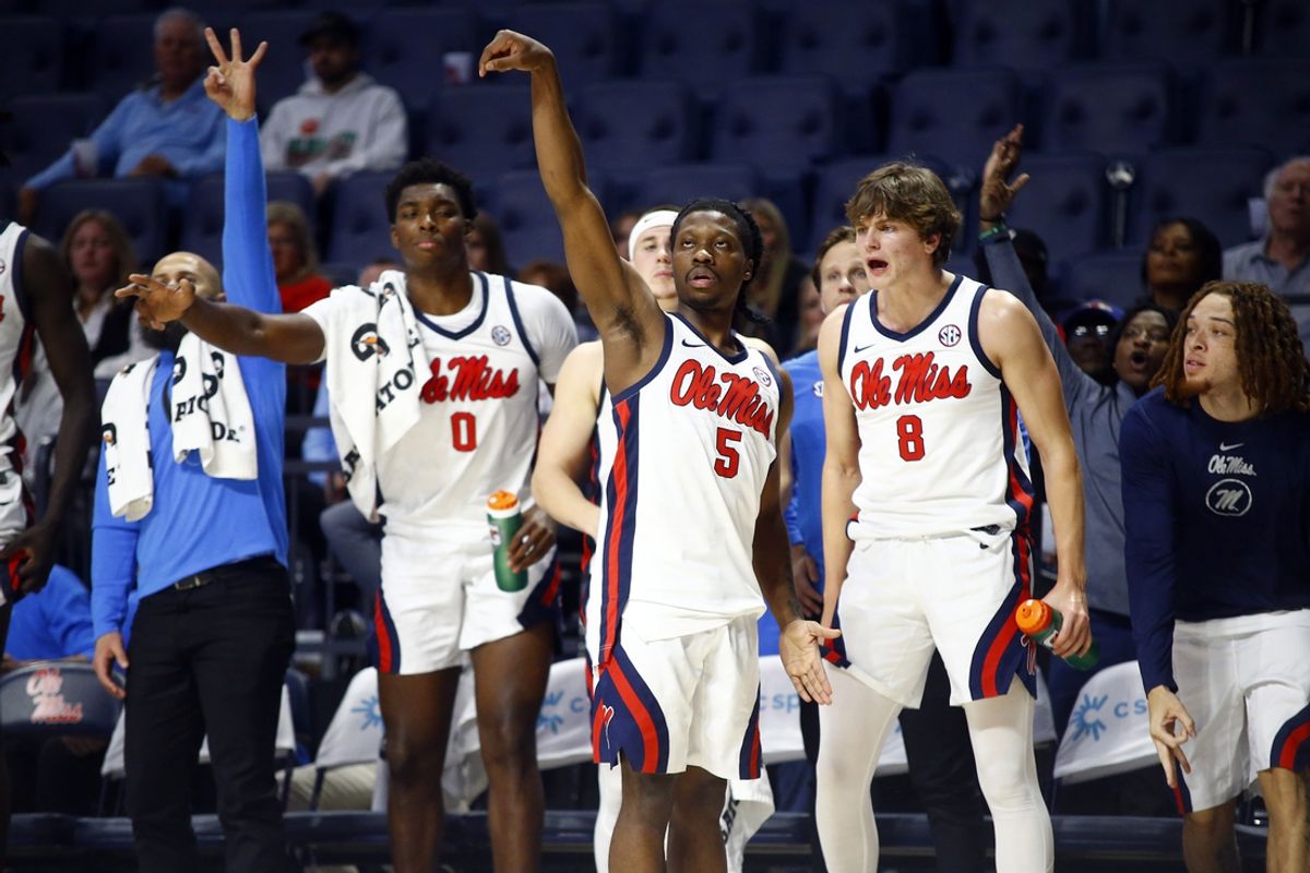 Nov 4, 2024; Oxford, Mississippi, USA; Mississippi Rebels guard Jaylen Murray (5) holds after shooting for three during the second half against the Long Island Sharks at The Sandy and John Black Pavilion at Ole Miss. Mandatory Credit: Petre Thomas-Imagn Images