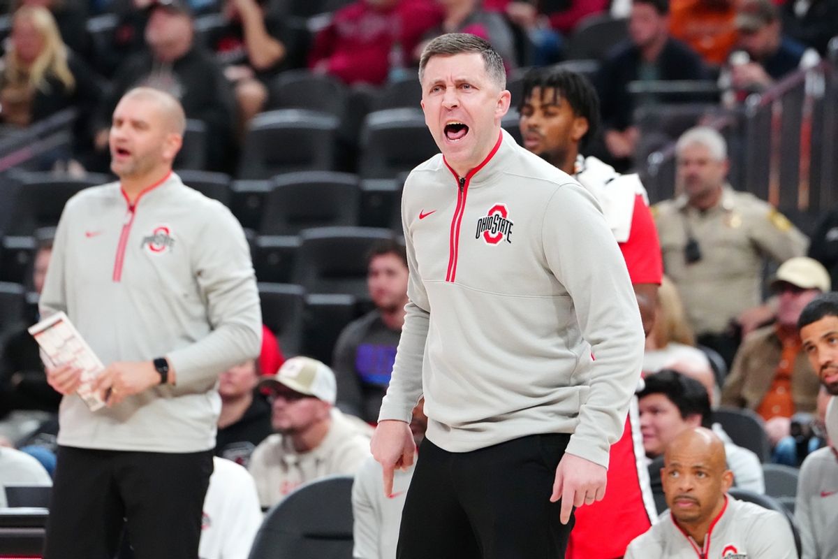 Nov 4, 2024; Las Vegas, Nevada, USA; Ohio State Buckeyes head coach Jake Diebler reacts to a play against the Texas Longhorns during the first half at T-Mobile Arena. Mandatory Credit: Stephen R. Sylvanie-Imagn Images