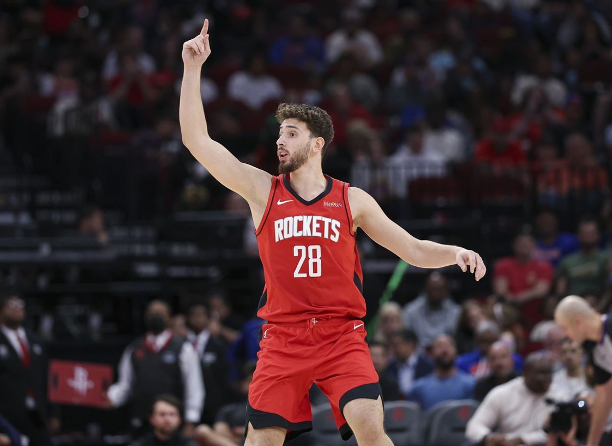 Nov 4, 2024; Houston, Texas, USA; Houston Rockets center Alperen Sengun (28) reacts after a play during the first half against the New York Knicks at Toyota Center. Mandatory Credit: Troy Taormina-Imagn Images
