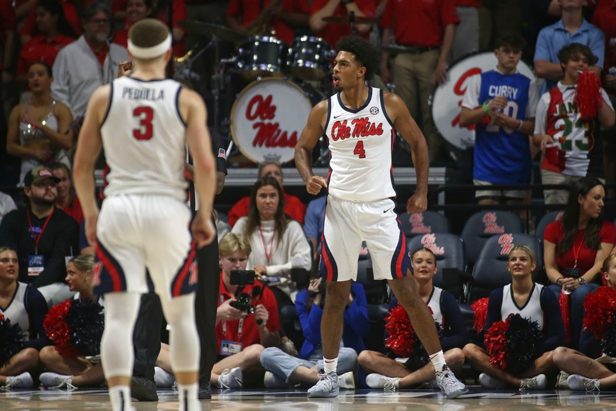 Nov 4, 2024; Oxford, Mississippi, USA; Mississippi Rebels forward Jaemyn Brakefield (4) reacts during the first half against the Long Island Sharks at The Sandy and John Black Pavilion at Ole Miss. Mandatory Credit: Petre Thomas-Imagn Images