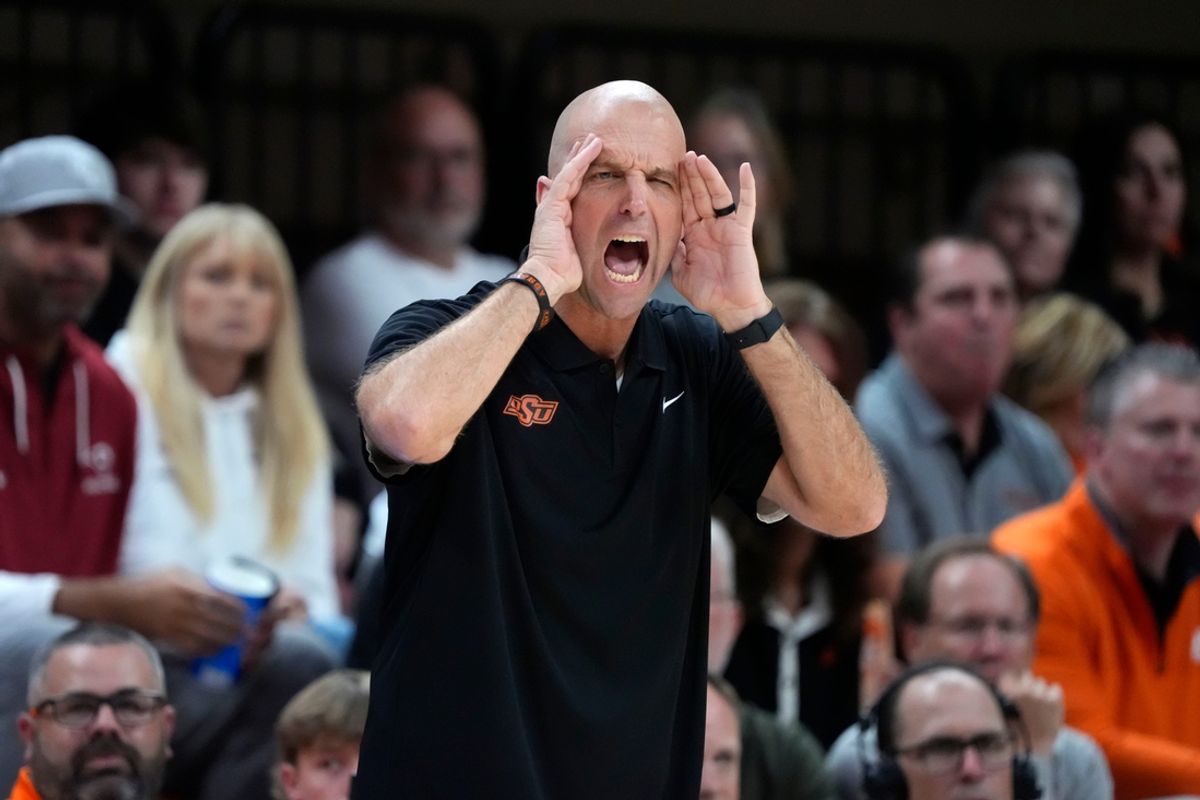 Oklahoma State coach Steve Lutz shouts during a college basketball game between the Oklahoma State Cowboys (OSU) and the Green Bay Phoenix at Gallagher-Iba Arena in Stillwater, Okla., Monday, Nov. 4, 2024.