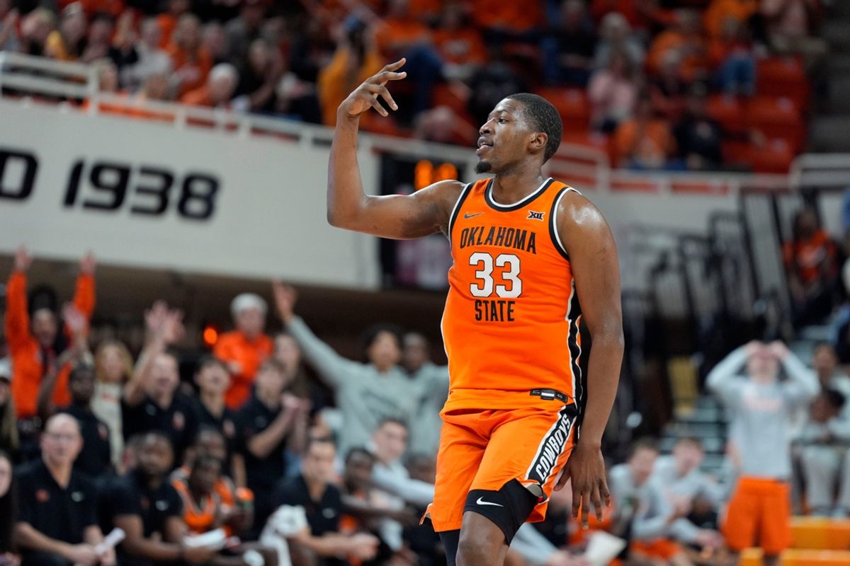 Oklahoma State Cowboys forward Abou Ousmane (33) celebrates after making a basket during a college basketball game between the Oklahoma State Cowboys (OSU) and the Green Bay Phoenix at Gallagher-Iba Arena in Stillwater, Okla., Monday, Nov. 4, 2024.