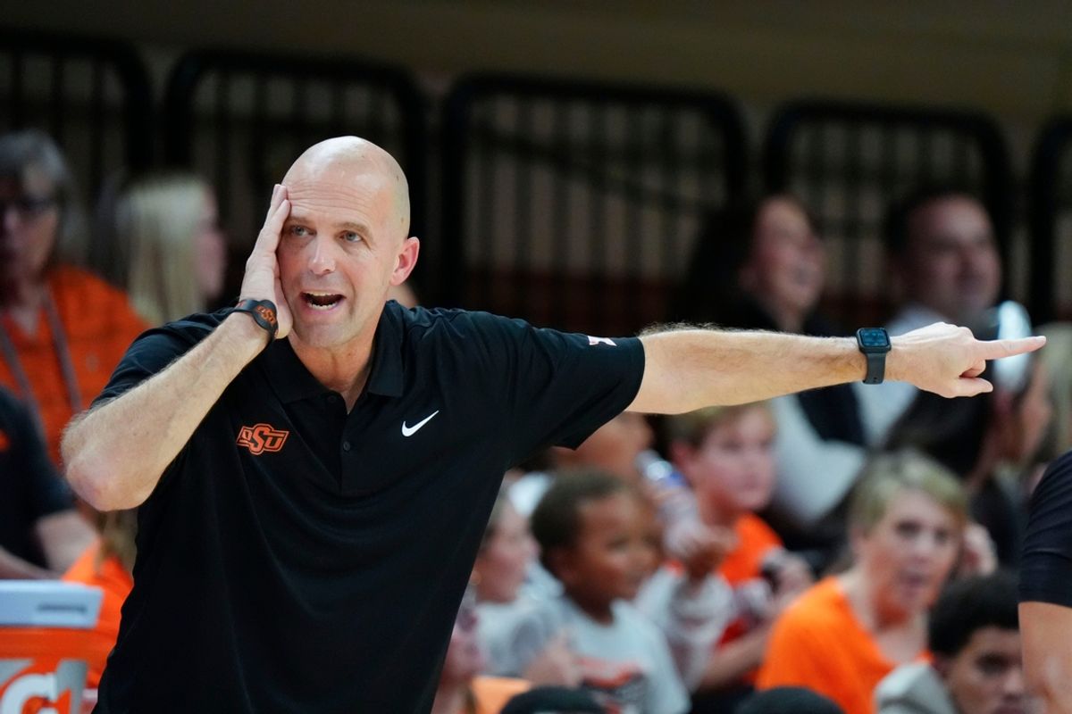 Oklahoma State coach Steve Lutz gestures during a college basketball game between the Oklahoma State Cowboys (OSU) and the Green Bay Phoenix at Gallagher-Iba Arena in Stillwater, Okla., Monday, Nov. 4, 2024.
