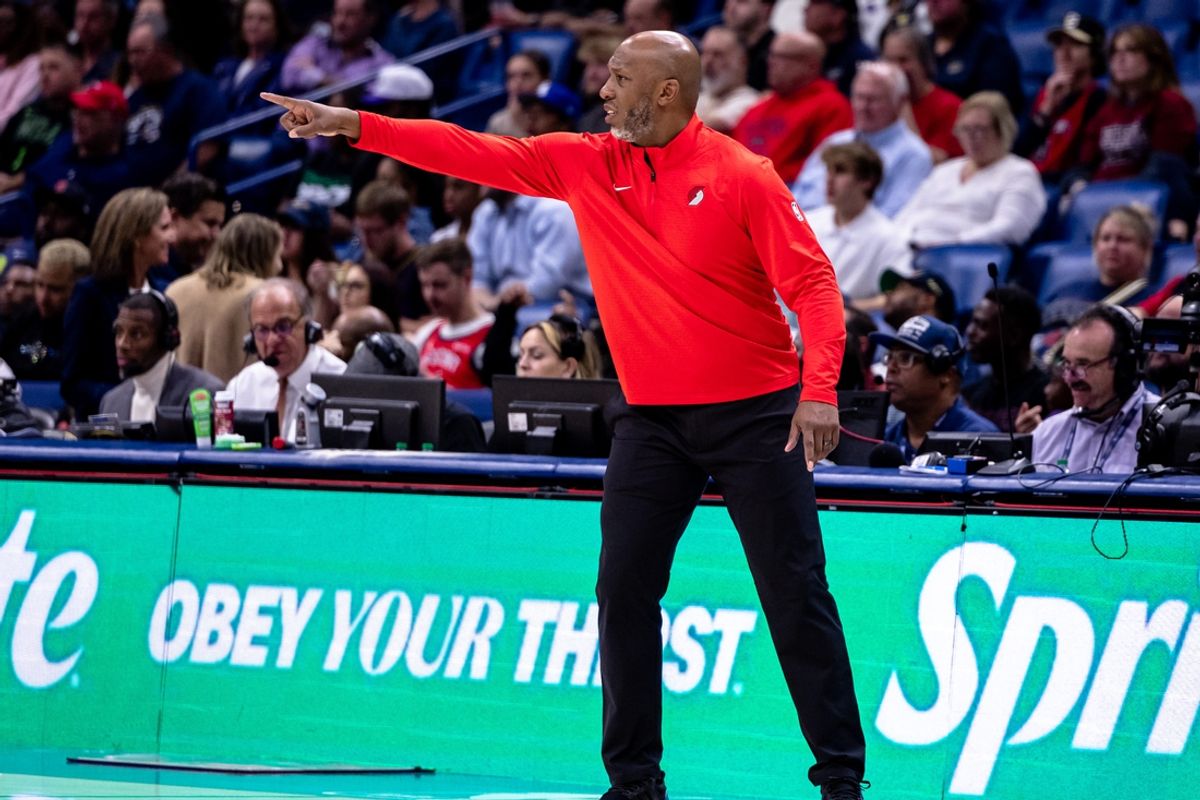 Nov 4, 2024; New Orleans, Louisiana, USA;  Portland Trail Blazers head coach Chauncey Billups reacts to a play against the New Orleans Pelicans during the second half at Smoothie King Center. Mandatory Credit: Stephen Lew-Imagn Images