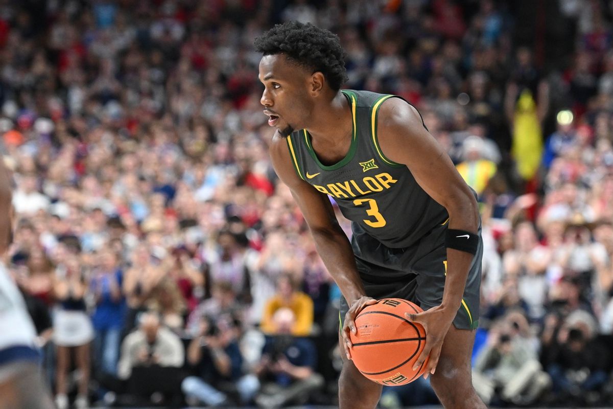 Nov 4, 2024; Spokane, Washington, USA; Baylor Bears guard Jeremy Roach (3) controls the ball against the Gonzaga Bulldogs in the first half at Spokane Arena. Mandatory Credit: James Snook-Imagn Images