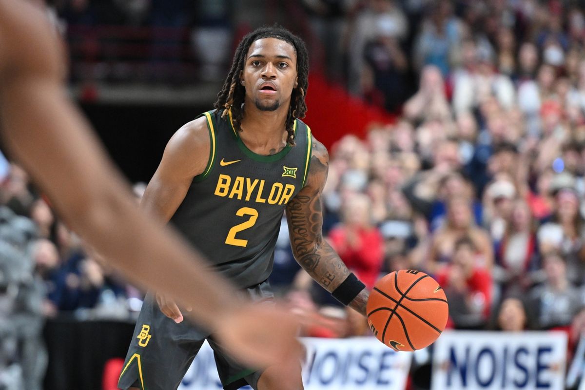 Nov 4, 2024; Spokane, Washington, USA; Baylor Bears guard Jayden Nunn (2) controls the ball against the Gonzaga Bulldogs in the first half at Spokane Arena. Mandatory Credit: James Snook-Imagn Images