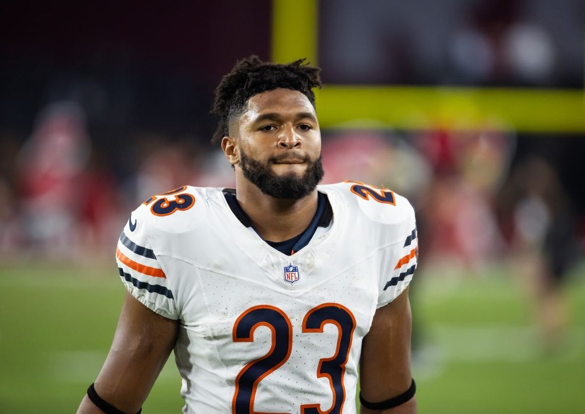 Nov 3, 2024; Glendale, Arizona, USA; Chicago Bears running back Roschon Johnson (23) against the Arizona Cardinals at State Farm Stadium. Mandatory Credit: Mark J. Rebilas-Imagn Images