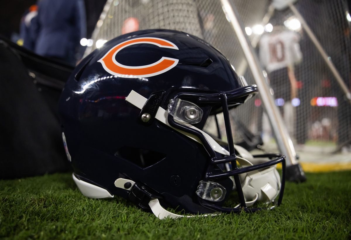Nov 3, 2024; Glendale, Arizona, USA; Detailed view of a Chicago Bears helmet at State Farm Stadium. Mandatory Credit: Mark J. Rebilas-Imagn Images