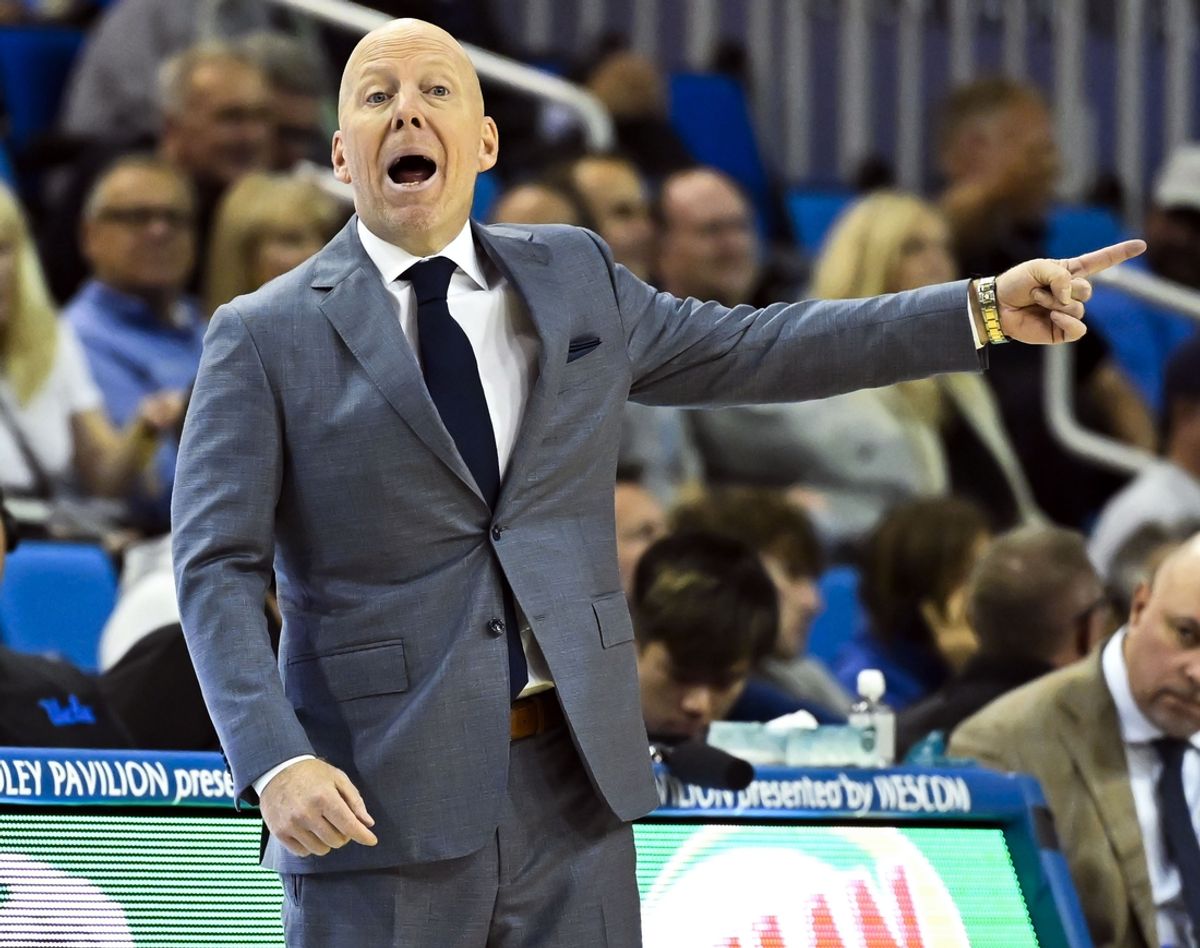 Nov 4, 2024; Los Angeles, California, USA; UCLA Bruins head coach Mick Cronin yells at his player during the second half against the Rider Broncs at Pauley Pavilion presented by Wescom. Mandatory Credit: Robert Hanashiro-Imagn Images