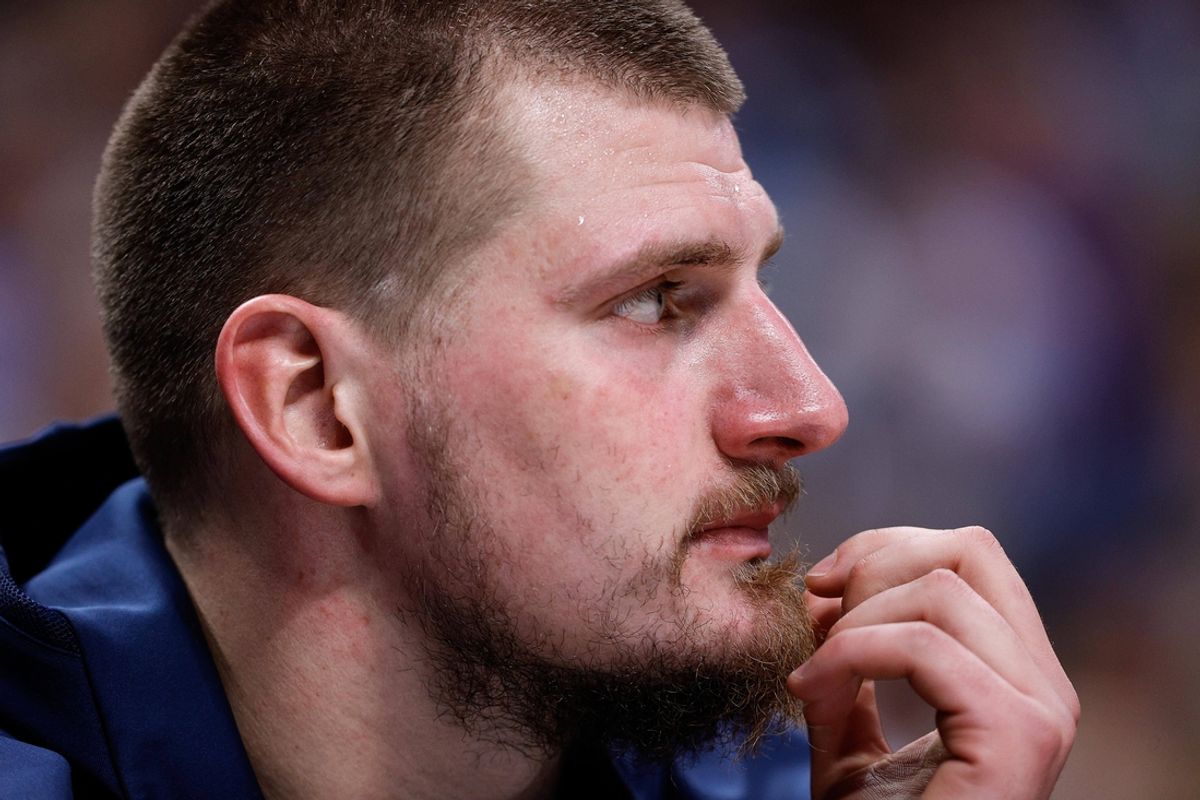 Nov 4, 2024; Denver, Colorado, USA; Denver Nuggets center Nikola Jokic (15) looks on in the fourth quarter against the Toronto Raptors at Ball Arena. Mandatory Credit: Isaiah J. Downing-Imagn Images