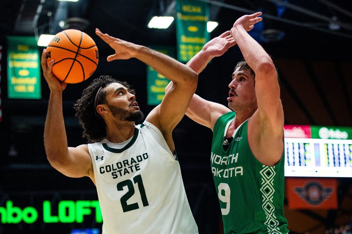 Colorado State's Rashaan Mbemba tries to get a shot off during a game against North Dakota at Moby Arena on Monday, Nov. 4, 2024 in Fort Collins, Colo.