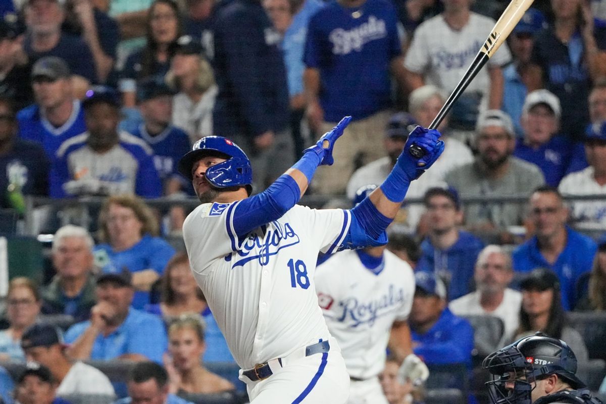 Oct 10, 2024; Kansas City, Missouri, USA; Kansas City Royals first baseman Yuli Gurriel (18) at bat against the New York Yankees during game four of the NLDS for the 2024 MLB Playoffs at Kauffman Stadium. Mandatory Credit: Denny Medley-Imagn Images
