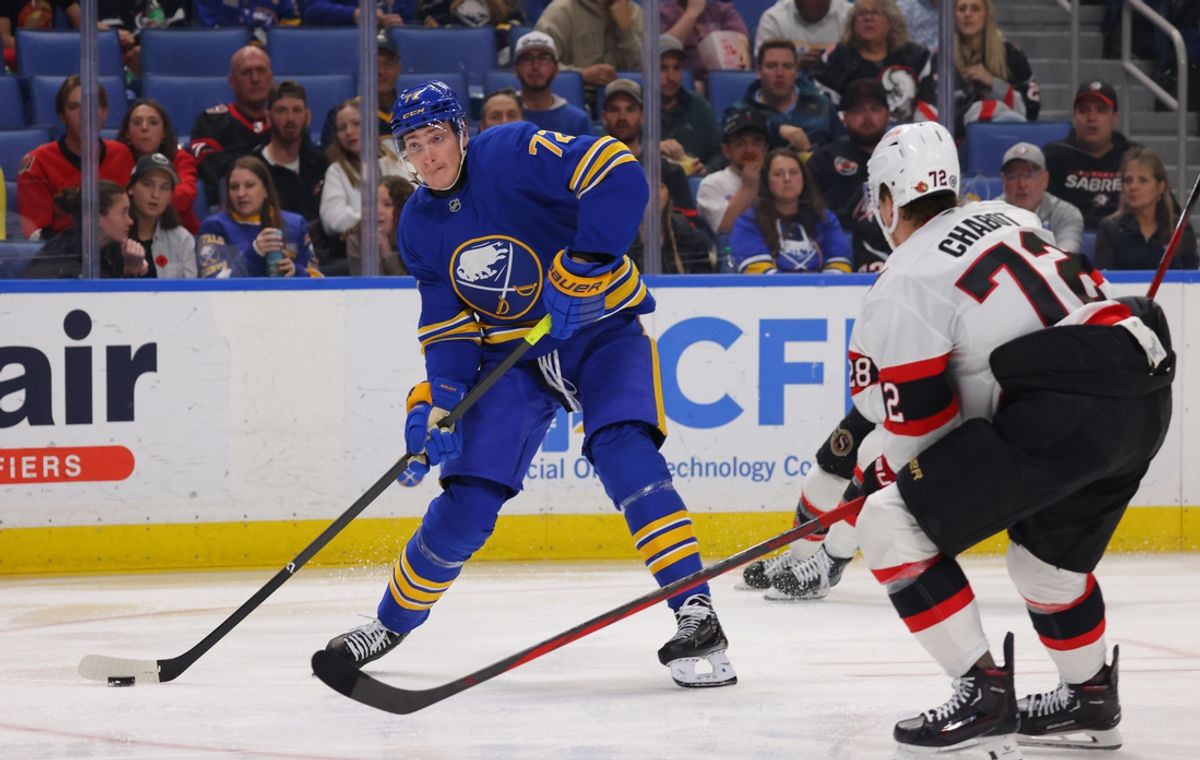 Nov 5, 2024; Buffalo, New York, USA;  Buffalo Sabres center Tage Thompson (72) takes a shot on goal during the second period against the Ottawa Senators at KeyBank Center. Mandatory Credit: Timothy T. Ludwig-Imagn Images