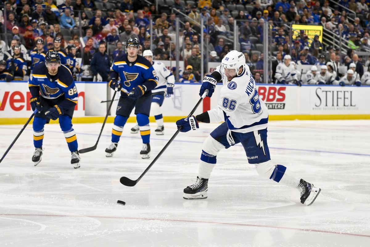 Nov 5, 2024; St. Louis, Missouri, USA;  Tampa Bay Lightning right wing Nikita Kucherov (86) shoots against the St. Louis Blues during the third period at Enterprise Center. Mandatory Credit: Jeff Curry-Imagn Images