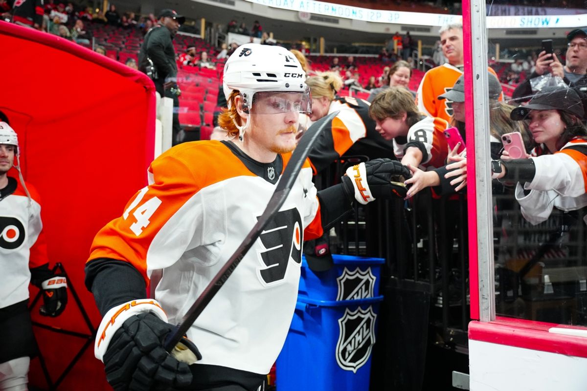 Nov 5, 2024; Raleigh, North Carolina, USA;  Philadelphia Flyers right wing Owen Tippett (74) comes out of the locker room for the warmups against the Carolina Hurricanes at Lenovo Center. Mandatory Credit: James Guillory-Imagn Images