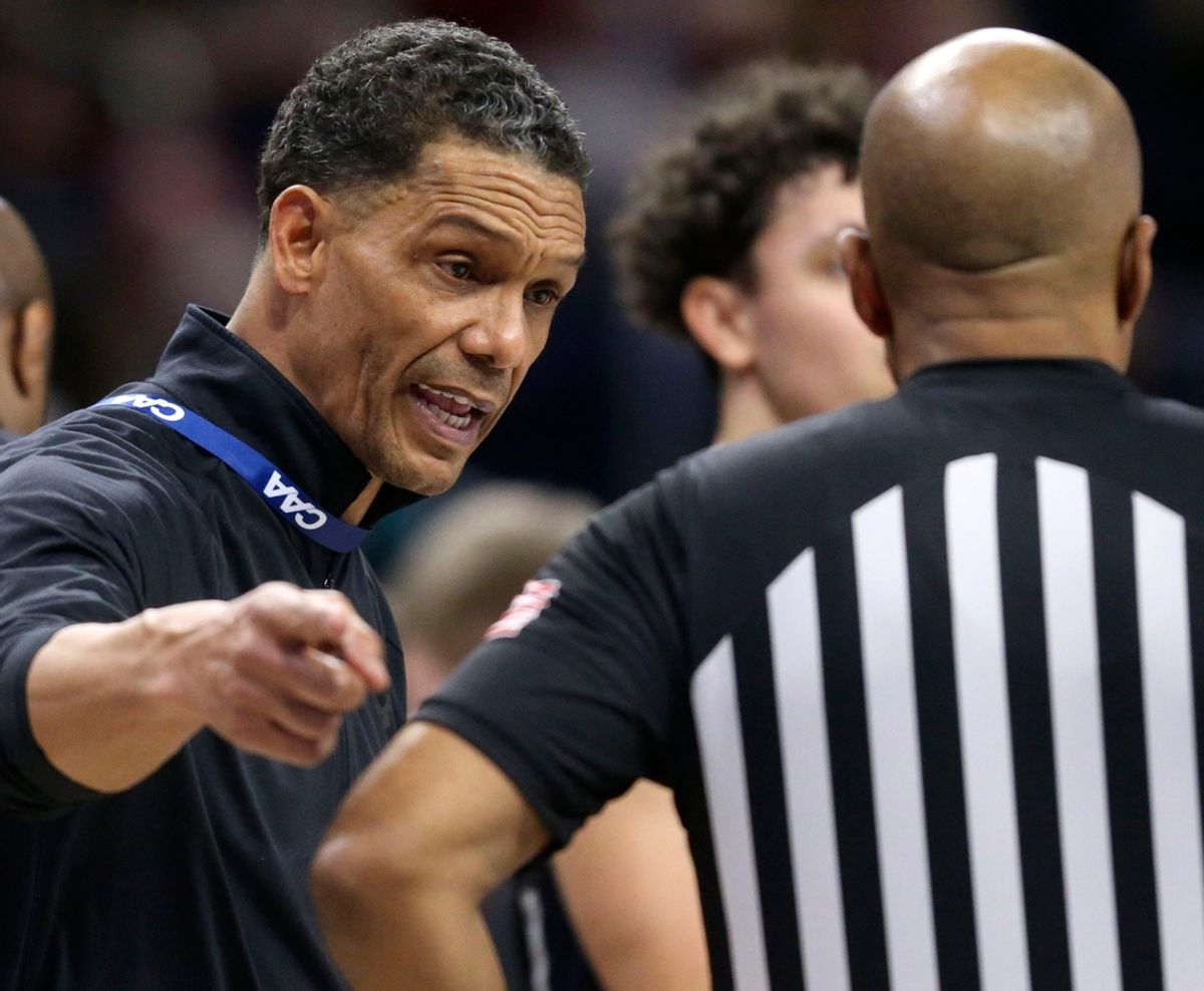 Monmouth head coach King Rice speaks with an official in the second half of Monmouth's 83-59 loss to Charleston in the Coastal Athletic Association tournament, Sunday, March 10, 2024 at the Entertainment and Sports Arena in Washington, DC.