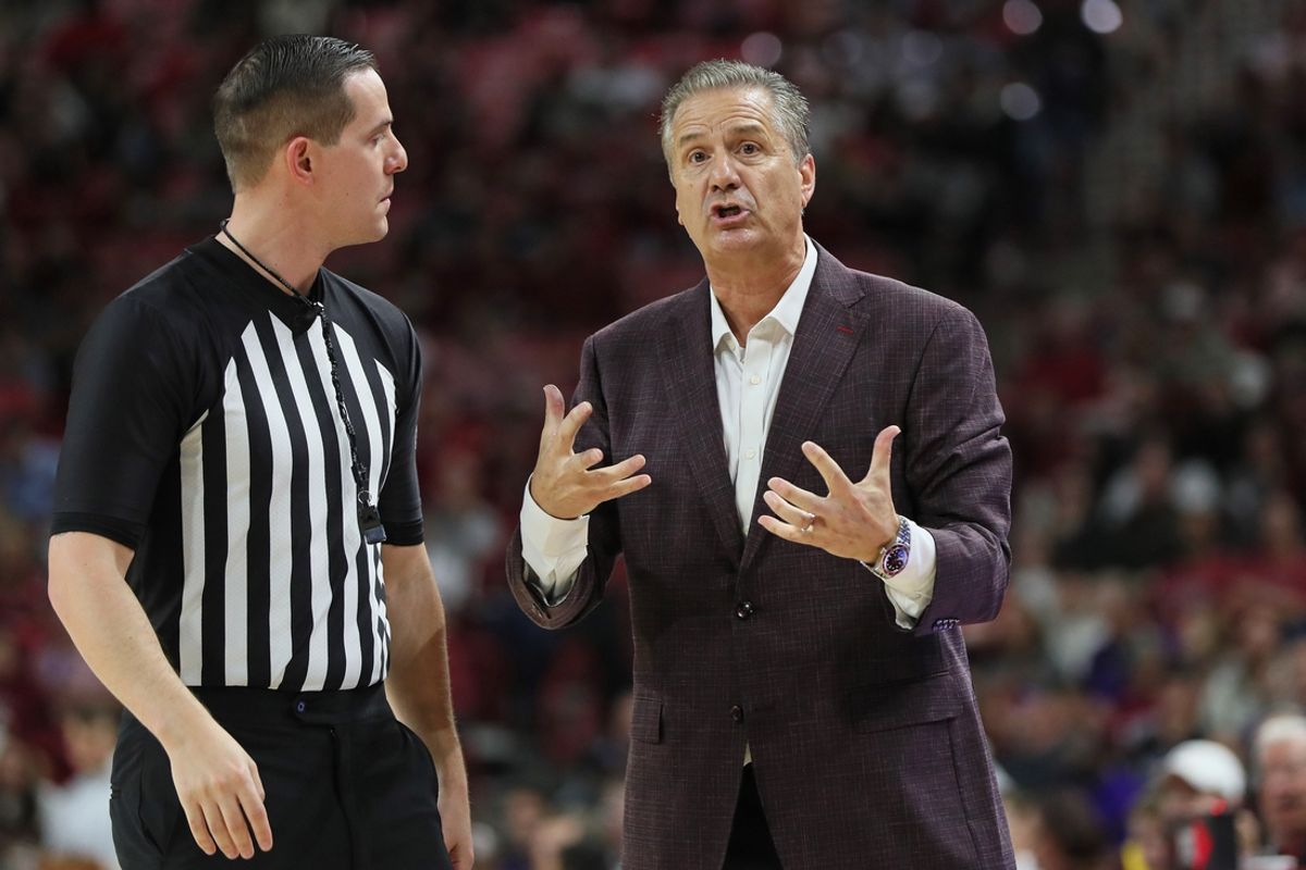 Nov 6, 2024; Fayetteville, Arkansas, USA; Arkansas Razorbacks head coach John Calipari argues a call during the first half against the Lipscomb Bisons at Bud Walton Arena. Mandatory Credit: Nelson Chenault-Imagn Images