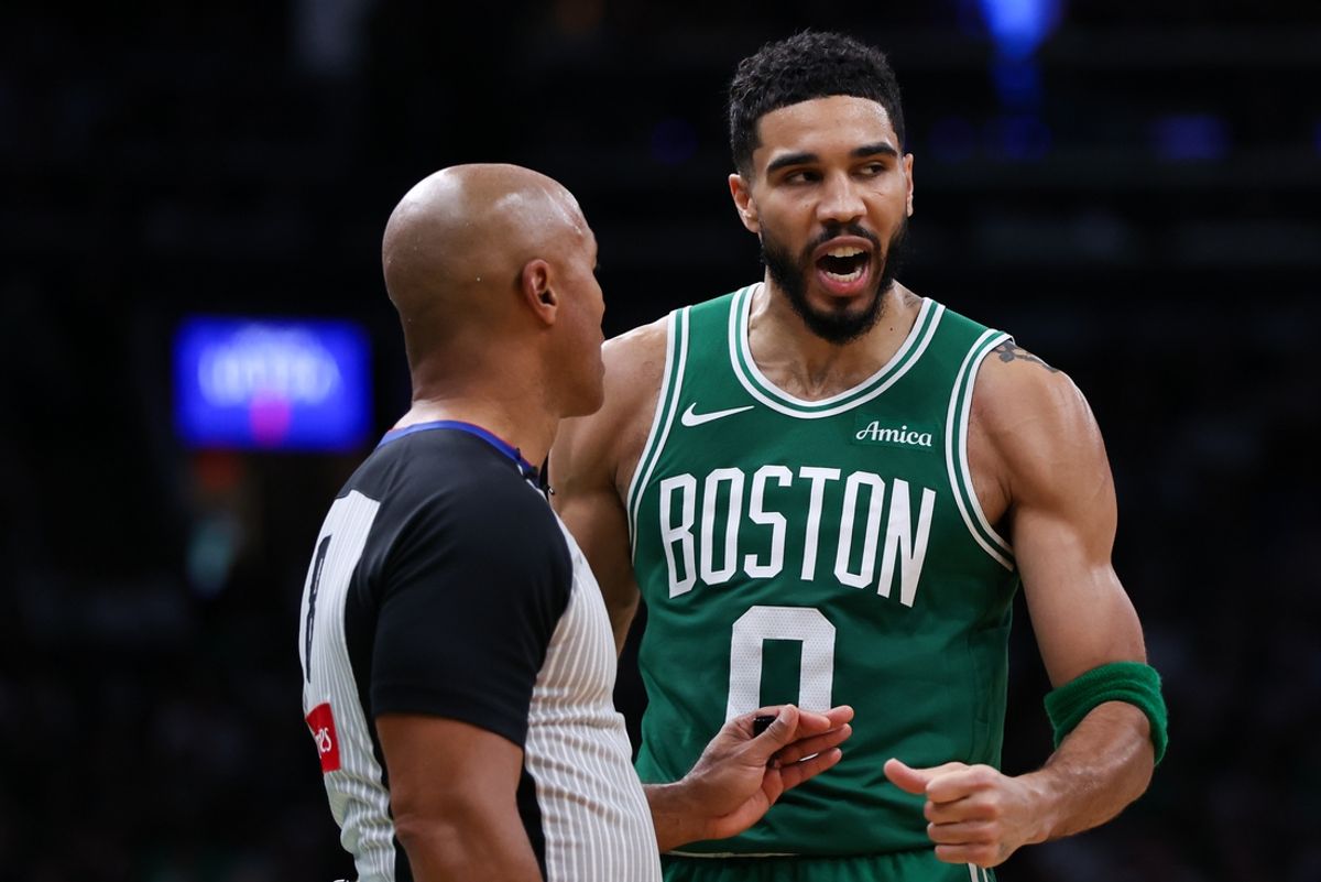 Nov 6, 2024; Boston, Massachusetts, USA; Boston Celtics forward Jayson Tatum (0) argues with the referee during the second half against the Golden State Warriors at TD Garden. Mandatory Credit: Paul Rutherford-Imagn Images