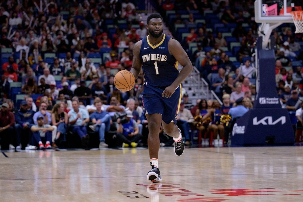 Nov 6, 2024; New Orleans, Louisiana, USA;  New Orleans Pelicans forward Zion Williamson (1) dribbles against the Cleveland Cavaliers during the first half at Smoothie King Center. Mandatory Credit: Matthew Hinton-Imagn Images