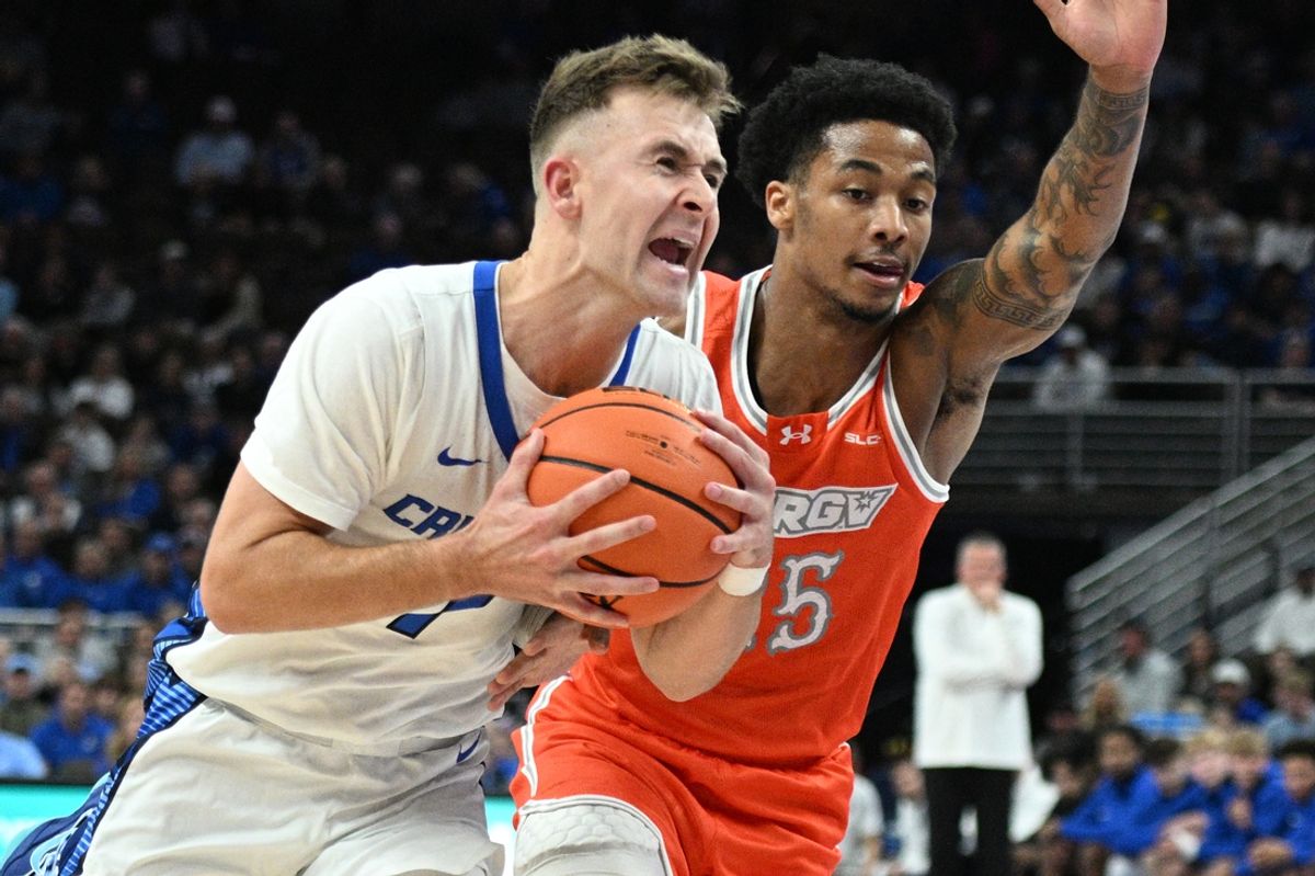 Nov 6, 2024; Omaha, Nebraska, USA;  Creighton Bluejays guard Steven Ashworth (1) drives against UT Rio Grande Valley Vaqueros guard Trey Miller (25) during the first half at CHI Health Center Omaha. Mandatory Credit: Steven Branscombe-Imagn Images