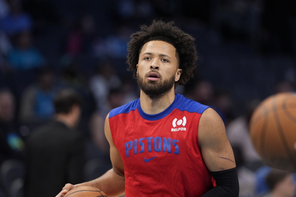 Nov 6, 2024; Charlotte, North Carolina, USA;  Detroit Pistons guard Cade Cunningham (2) during the first quarter against the Charlotte Hornets at Spectrum Center. Mandatory Credit: Jim Dedmon-Imagn Images