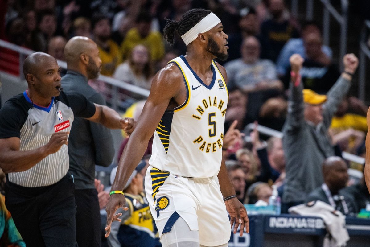 Nov 6, 2024; Indianapolis, Indiana, USA; Indiana Pacers forward Jarace Walker (5) celebrates a made basket in the second half against the Orlando Magic at Gainbridge Fieldhouse. Mandatory Credit: Trevor Ruszkowski-Imagn Images