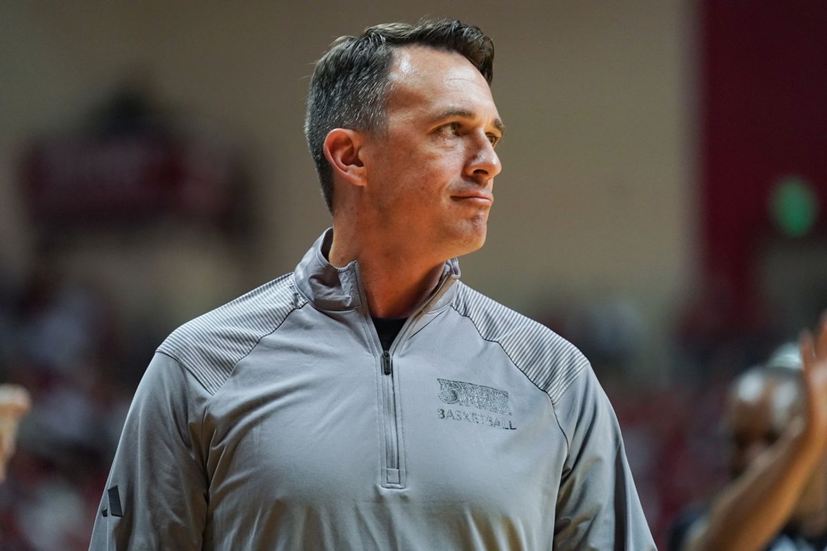 Nov 6, 2024; Bloomington, Indiana, USA; SIU Edwardsville Cougars head coach Brian Barone looks on during the second half against the Indiana Hoosiers at Simon Skjodt Assembly Hall. Mandatory Credit: Robert Goddin-Imagn Images