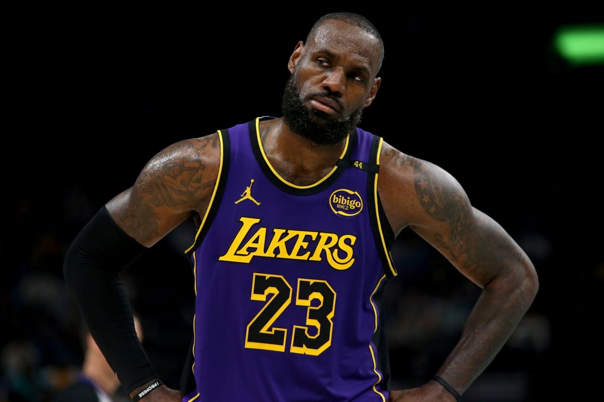 Nov 6, 2024; Memphis, Tennessee, USA; Los Angeles Lakers forward LeBron James (23) reacts during the second half against the Memphis Grizzlies at FedExForum. Mandatory Credit: Petre Thomas-Imagn Images