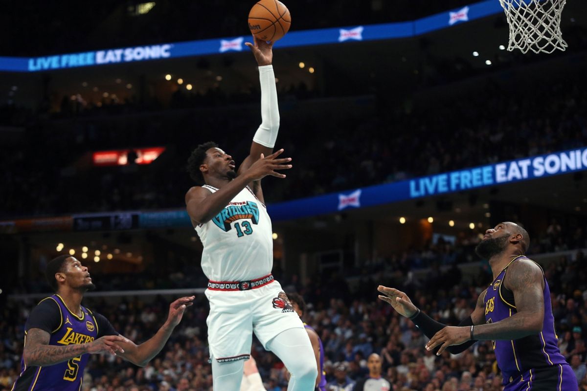 Nov 6, 2024; Memphis, Tennessee, USA; Memphis Grizzlies forward Jaren Jackson Jr. (13) shoots during the second half against the Los Angeles Lakers at FedExForum. Mandatory Credit: Petre Thomas-Imagn Images