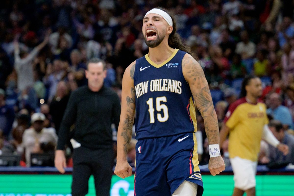 Nov 6, 2024; New Orleans, Louisiana, USA; New Orleans Pelicans guard Jose Alvarado (15) celebrates after a three point basket against the Cleveland Cavaliers during the fourth quarter at Smoothie King Center. Mandatory Credit: Matthew Hinton-Imagn Images