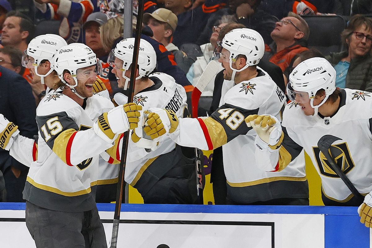 Nov 4, 2024; Edmonton, Alberta, CAN; The Vegas Golden Knights celebrate a goal by defensemen Noah Hanifin (15), his second of the period with less than one minute remaining in the third period against the Edmonton Oilers at Rogers Place. Mandatory Credit: Perry Nelson-Imagn Images